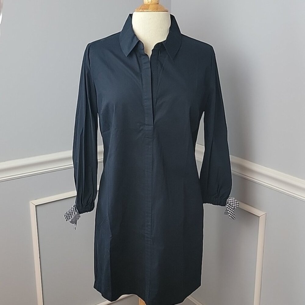 HEYTON Black Half Button Down Gingham Bow Long Sleeve Preppy Boho Shirt Dress S‎